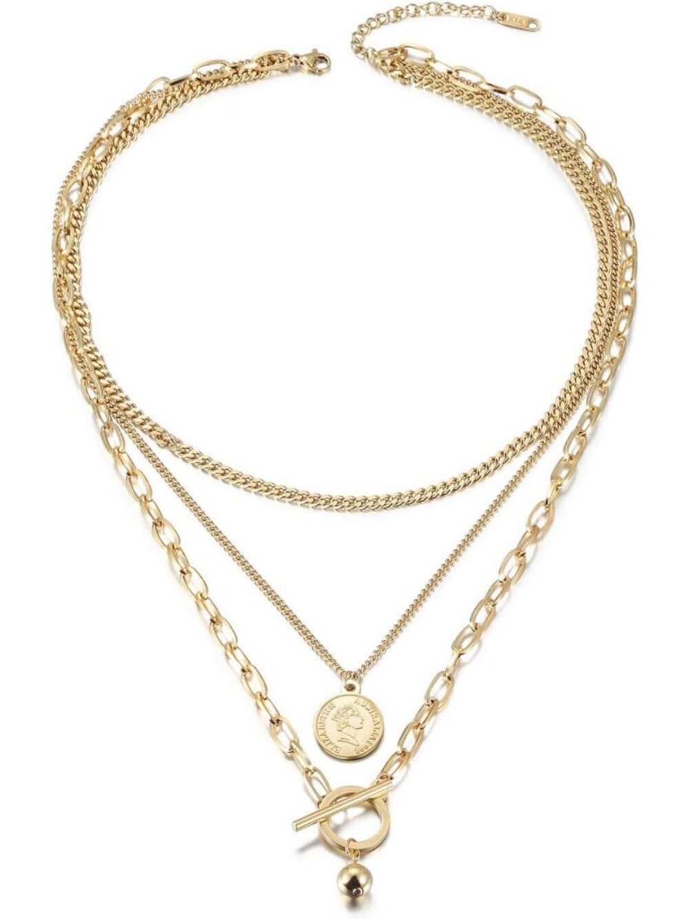Vintage Gold Coin Pendant Necklace for Women - 14K Plated Layered Choker, Carved
